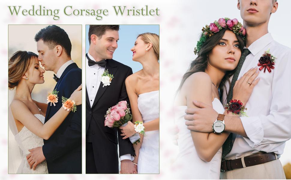 2 Pcs Blue Rose Wrist Corsage and Boutonniere Set, Rose Corsage Hand for Women, Boutonniere for Men Wedding Artificial Flowers Accessories Prom Decor, Wedding Flower Party Accessories (Blue)