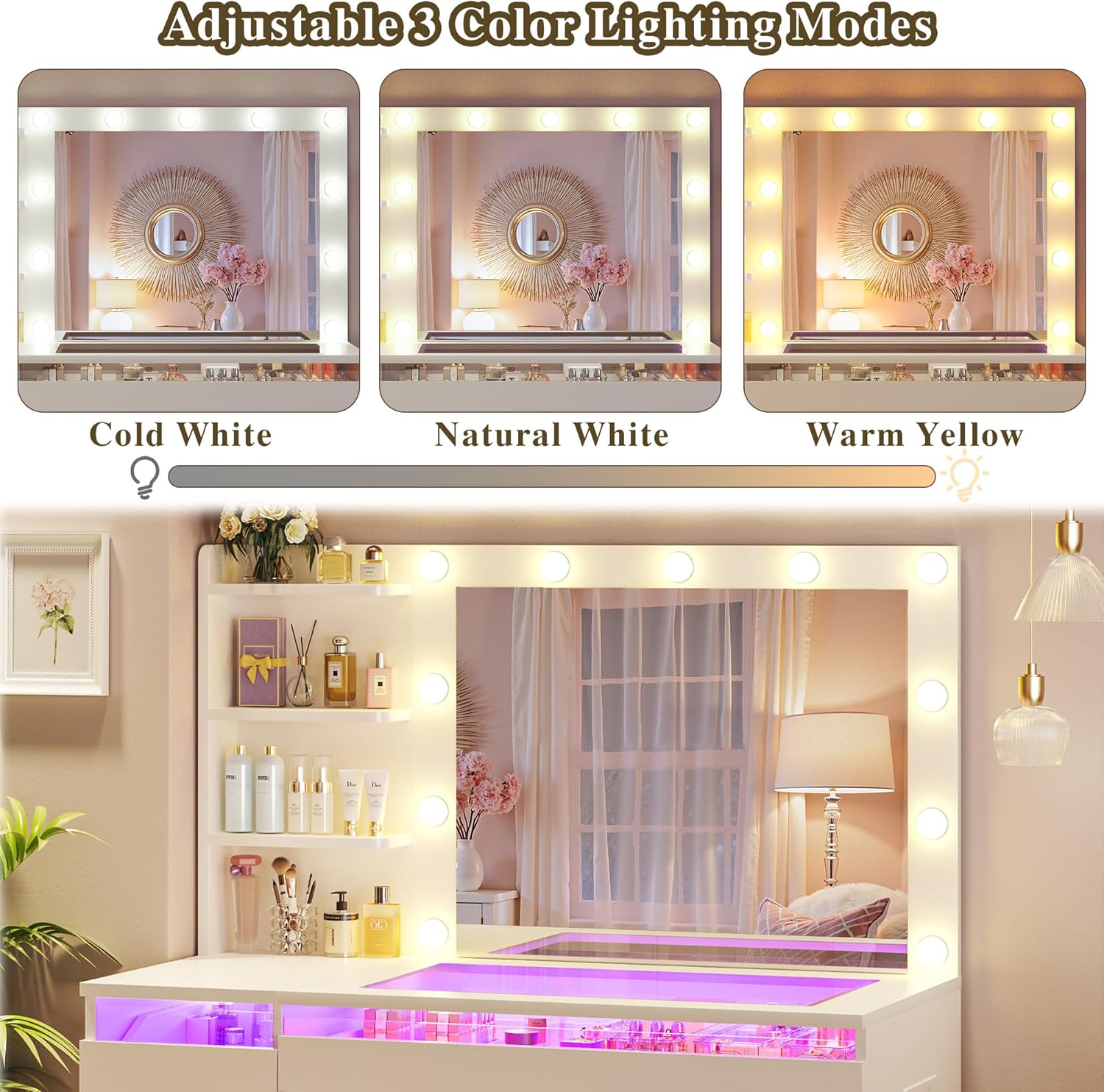 Vanity Desk with Lighted Mirror & Glass Top, Makeup Vanity Desk with 4 Transparent Drawers and RGB Lighting, Built-in Power Outlet, 3-Tier Side Shelves & Storage Organizer for Bedroom Vanity Desk with Lighted Mirror & Glass Top, Makeup Vanity Desk with 4 Transparent Drawers and RGB Lighting, Built-in Power Outlet, 3-Tier Side Shelves & Storage Organizer for Bedroom