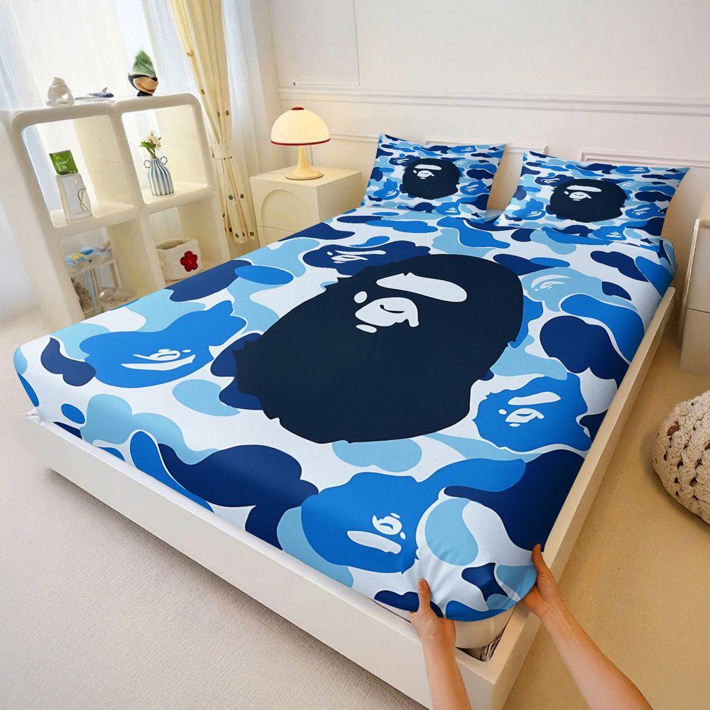 3Pcs Monkey Camo Fitted Sheet Set, Amoeba Pattern with Monkey Head Logos, Soft and Durable Bedding Fabric, Ideal for Modern Bedroom Style and Stylish Sleep Experience. Includes 2 Pillowcases, No Pillow Core, Bedsheet Sets