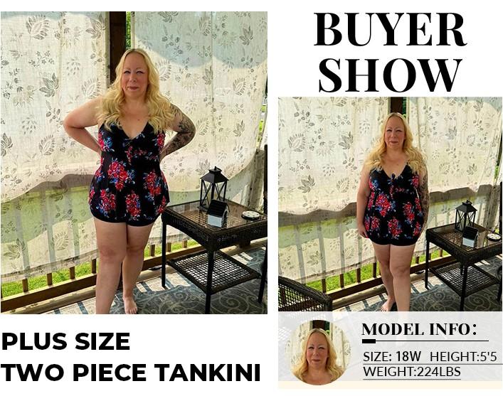 Yonique Women's Plus Size Two Piece Flyaway Tankini Set, V-Neck Full Coverage Tank top with Boy Shorts, Ladies Two Piece Plus Size Tankini Swimwear for Beach Swimming Holiday Vacation