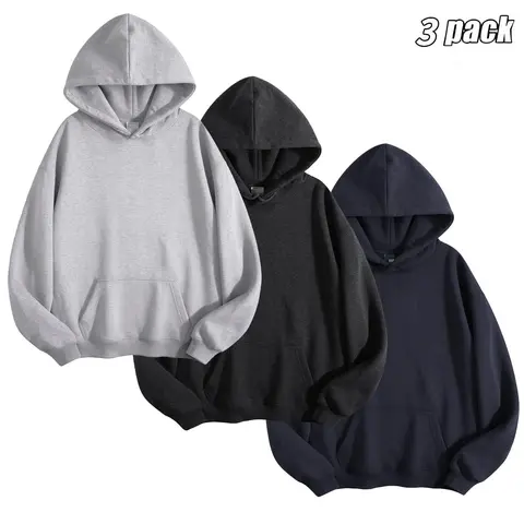 Men's 260G Basic Hoodie 3 Pack, Loose Oversized Fit Pullover Hooded Sweatshirt, Soft Brushed Fabric, Casual Streetwear Hoodies for Autumn Winter Daily Wear