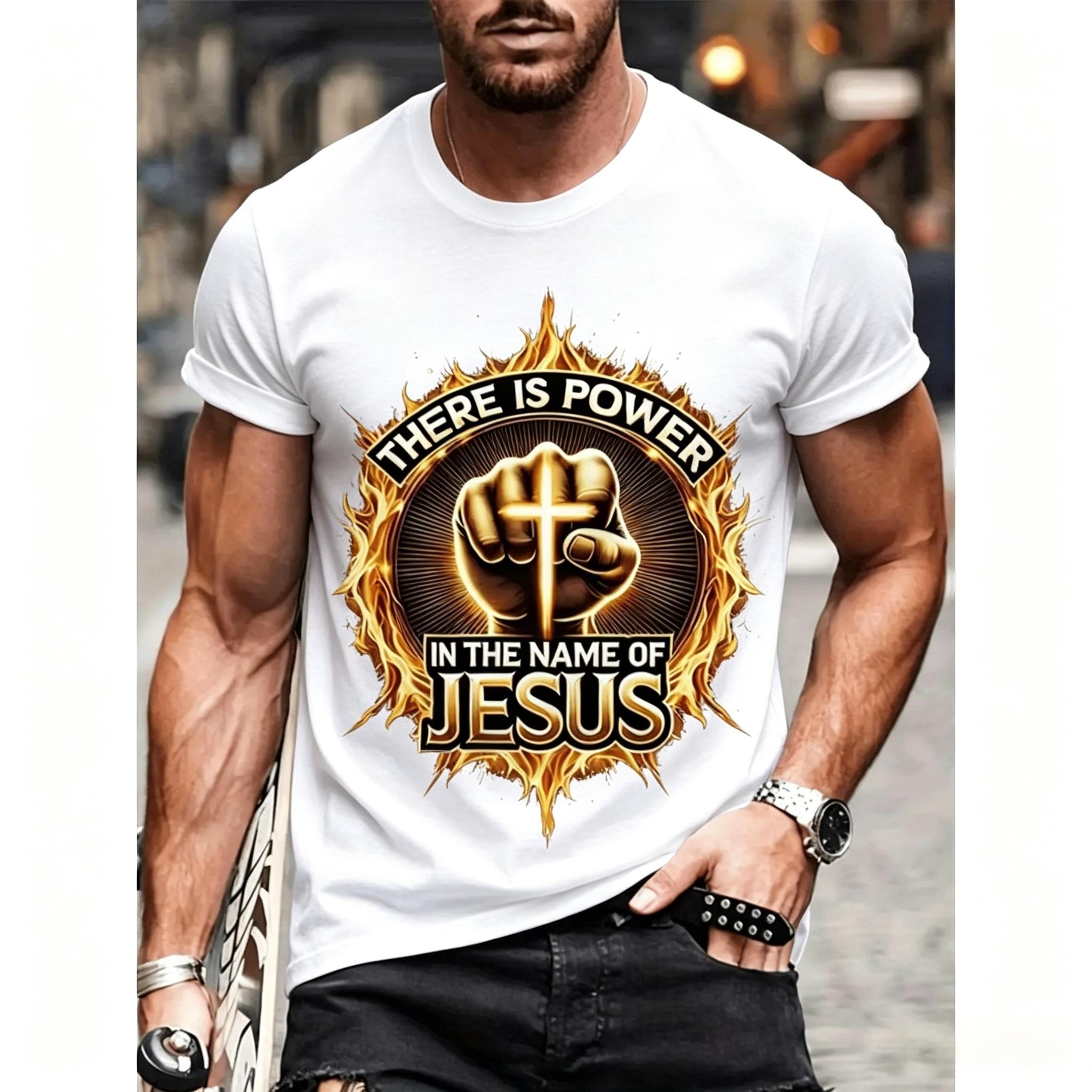 Men's Multi-Size 3D Print Cotton Short-Sleeve T-Shirt - "There Is Power in the Name of Jesus" Bold Graphic, Round Neck, Breathable, Soft, Smooth, Durable, Relaxed Fit, Urban Street Style Casual Everyday Sports Top, Menswear, Country Back Design