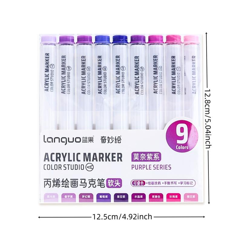 Acrylic Paint Soft Tip Marker Pen Set, 9 Colors/set Vibrant Marker, Suitable for Rocks, Ceramics, Wood, Canvas, Plastic, Glass, Stone, Calligraphy, Painting