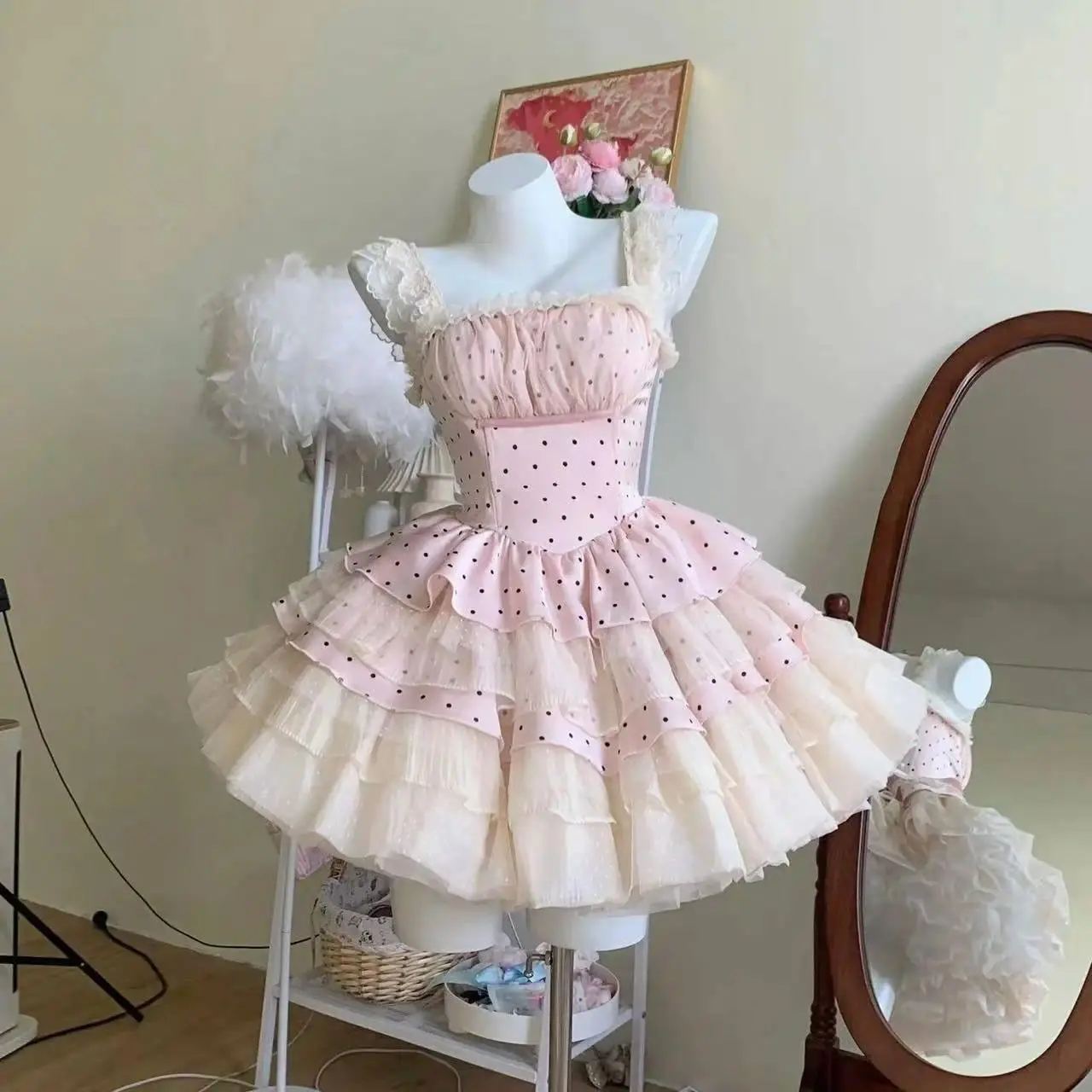 Japanese Sweet Princess Dress Women Lolita Suspender Dress Elegant Butterfly Pearl Beads Bow Trailing Puffy Mini Dresses