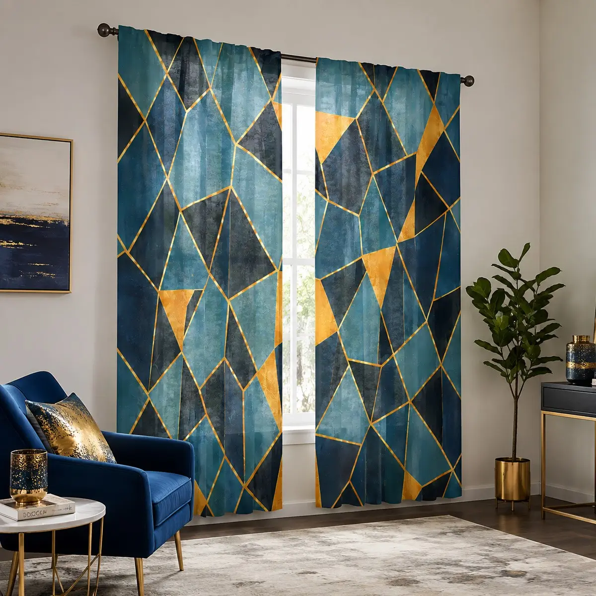 2pcs Modern, minimalist luxury semi-blackout curtains in a striking blue, orange, and gold color scheme. Features a pocket rod installation, made of polyester, and suitable for bedrooms, kitchens, and studies.