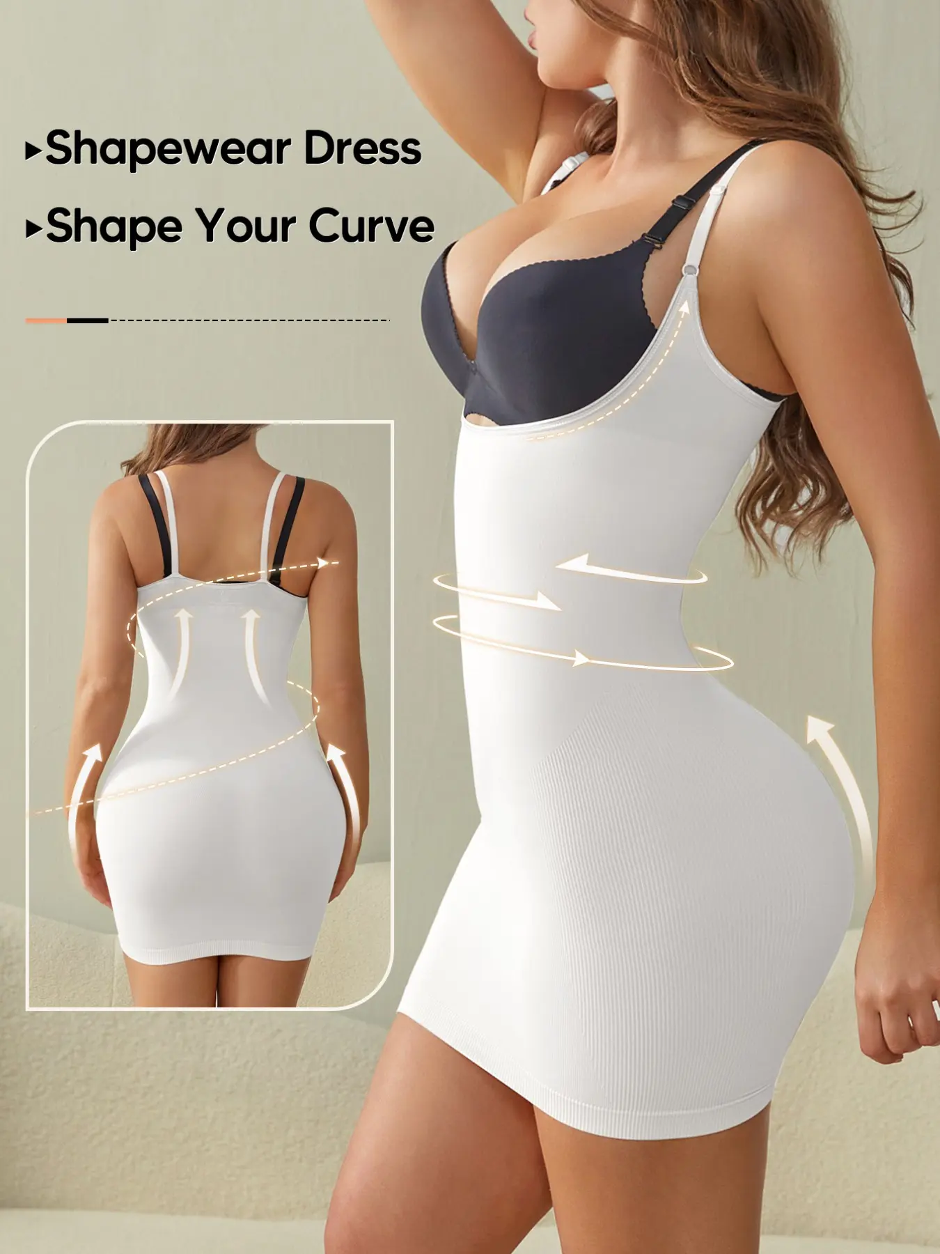 Women’s short figure-shaping dress, tummy-tucking and bum-lifting compression shapewear slip, comfortable, highly elastic, bust-supporting one-piece shapewear dress, women’s shapewear slip