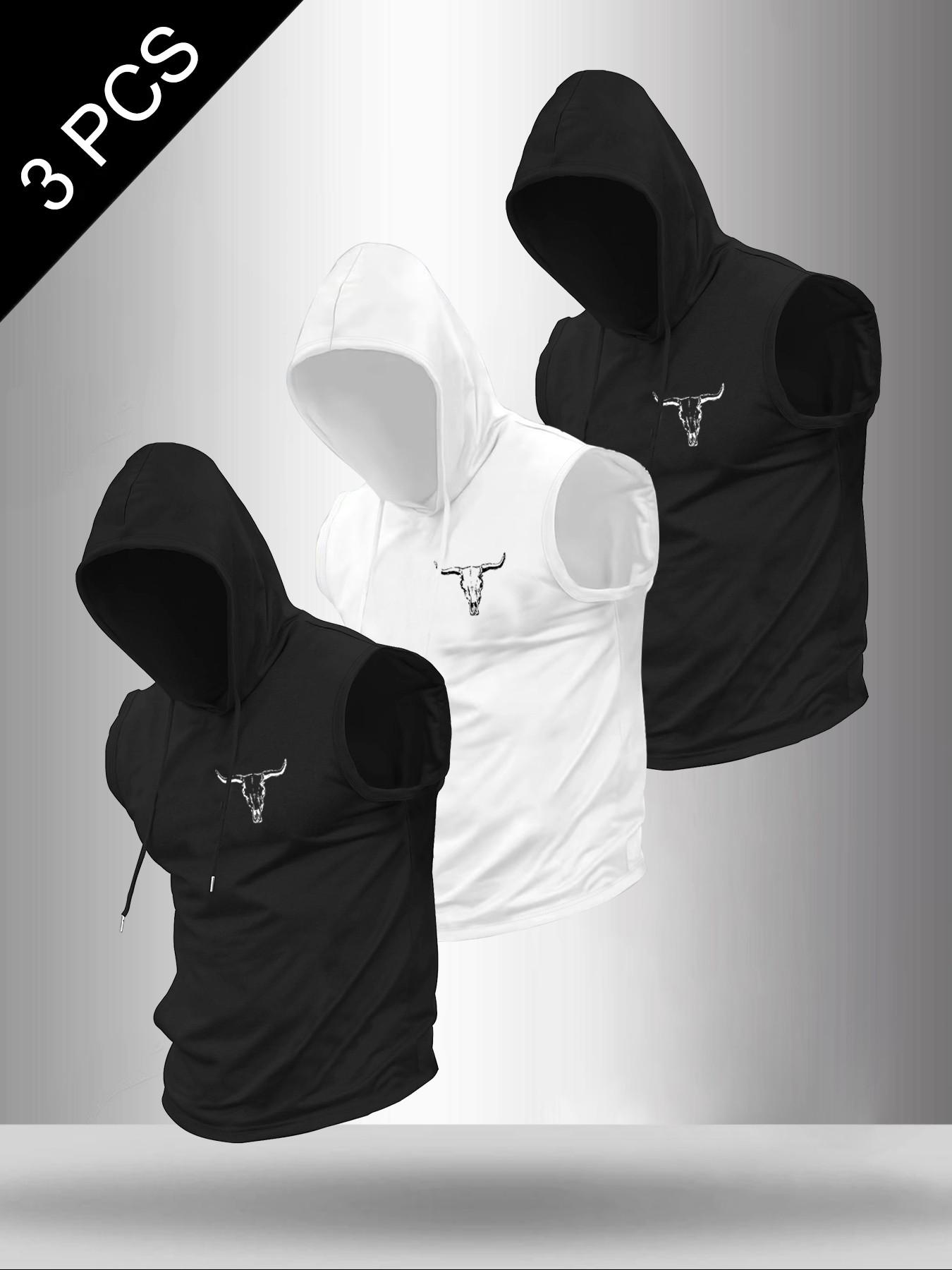 Men's 3-Piece Set Bull Head Print Round Neck Sleeveless T-Shirt, Casual Comfortable Hooded Vest, Summer Outdoor Fitness Wear