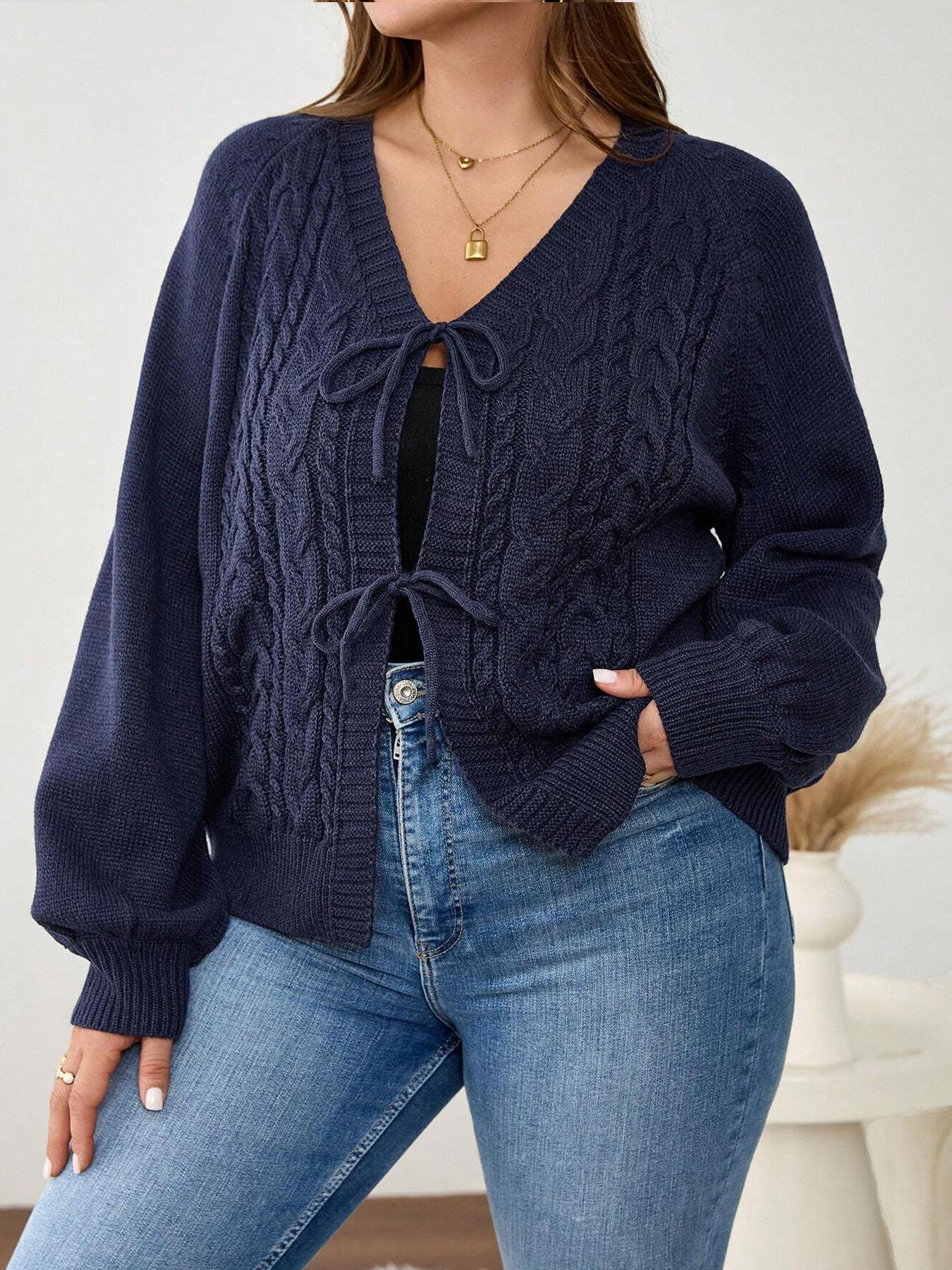 Plus Size Women's Blue V Neck Knit Cardigan Knitwear, Casual Long Sleeve Pullover, Fall & Winter Fashion, Comfortable Plain Design