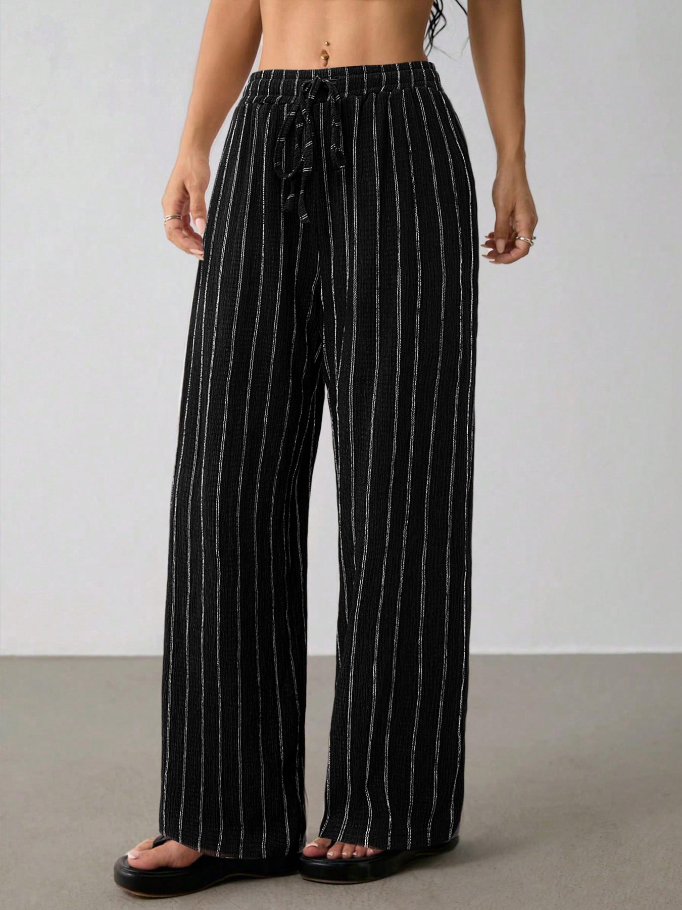 Valentine's Day Women's Striped Waist Tie Straight Leg Loose Casual Belted Pants, Fitted Style, Moderate Fabric Thickness, All Seasons Wear Valentine's Day Women's Striped Waist Tie Straight Leg Loose Casual Belted Pants, Fitted Style, Moderate Fabric Thickness, All Seasons Wear