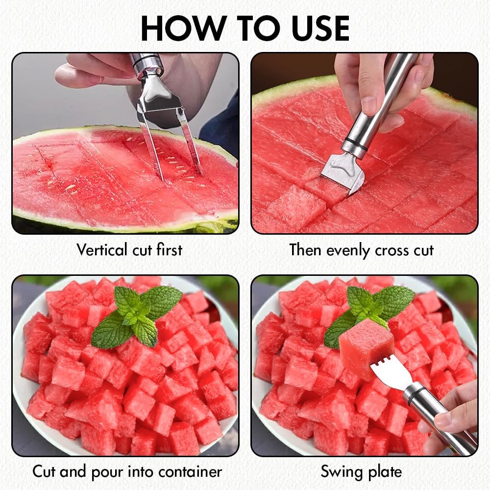 Watermelon Fork Slicer Cutter Slicer Tool, 2-in-1 StainlessSteel Fruit Cutter, Dual Head Fruit Forks Slicer Knife withRound Handle Kitchen Utensils Kitchenware