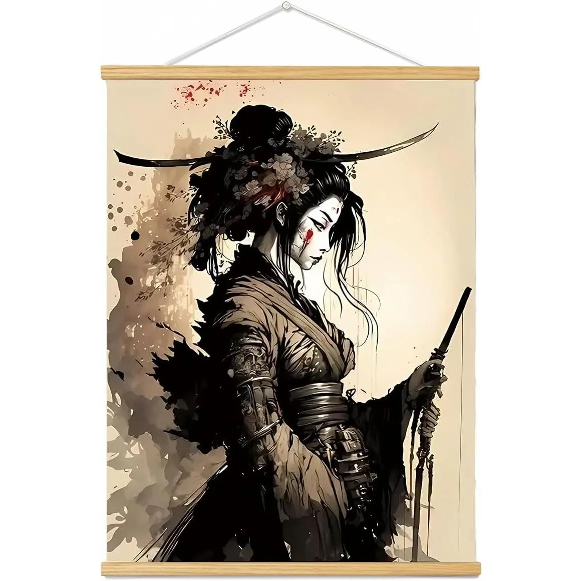 Japanese Wall Art Scroll, Cherry Blossom Female Samurai Theme, Vintage Asian Decor for Living Room Bedroom (samurai-1, 16" Lx 12" W, Framed)