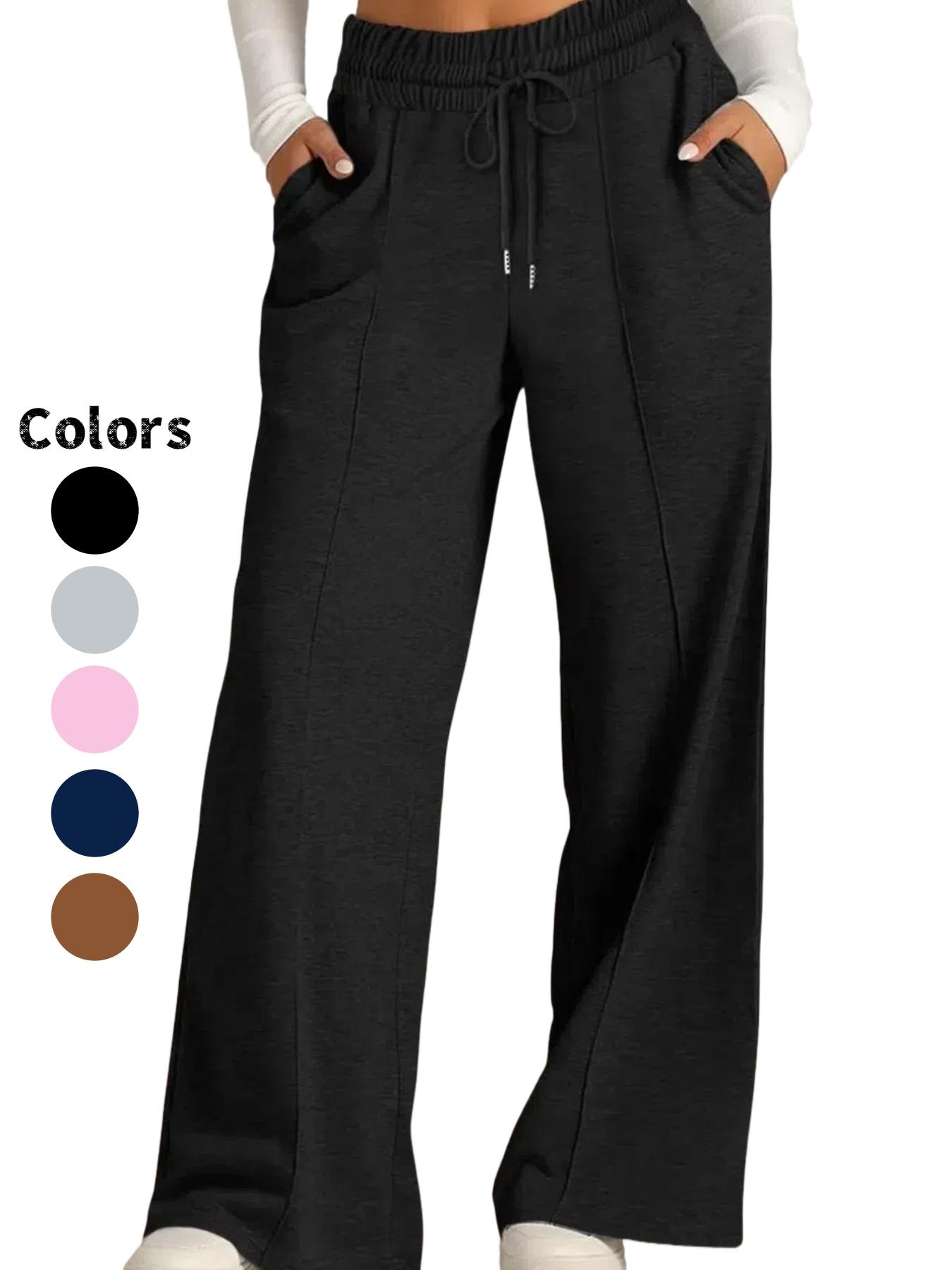 Women's Plain Drawstring High-Waisted Wide-Leg Pants, Loose Fit, Casual with Pockets, Elastic Waist, All Seasons, Daily Wear, Outerwear, Home Wear