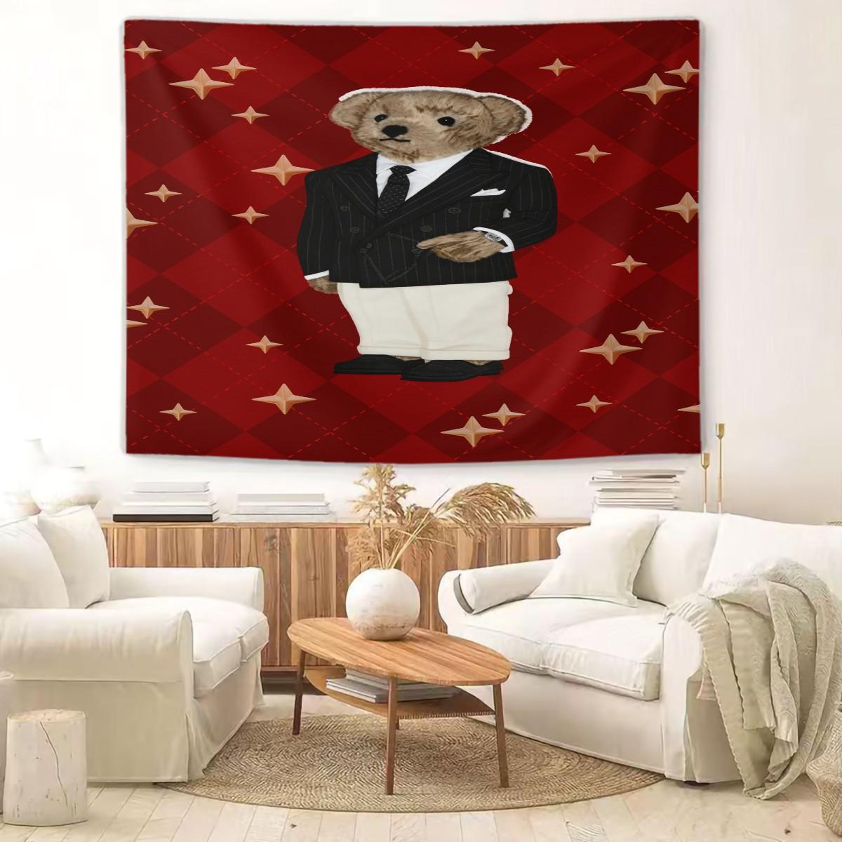 Vintage American Polo Bear Tapestry, Red Gentleman Bear Multi-Style, Wrinkle-Resistant, Wall Hanging Decor for Living Room Bedroom Backdrop