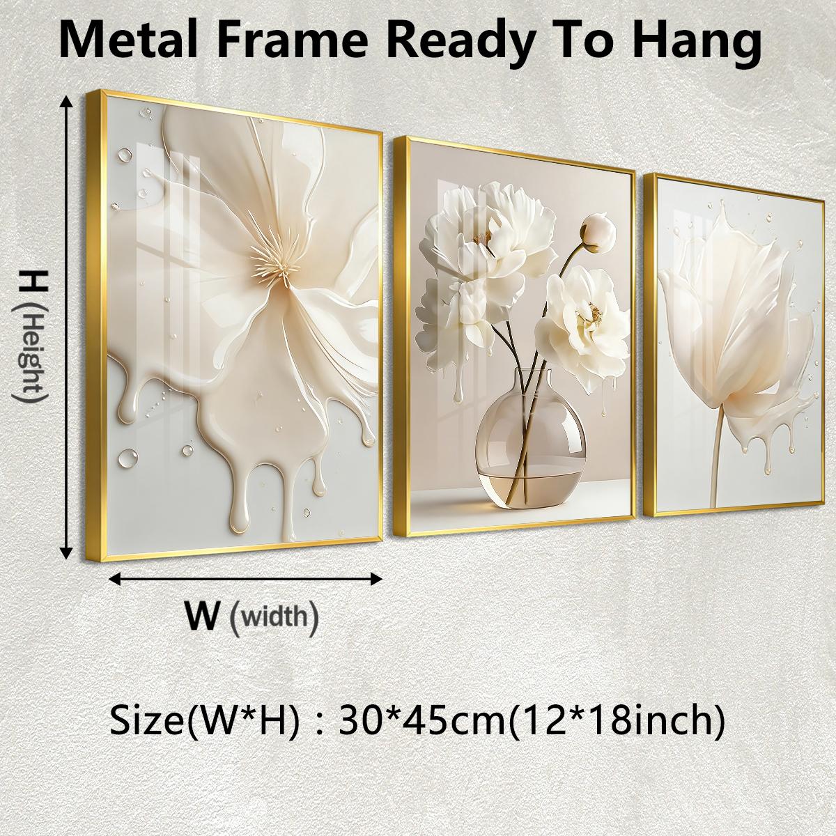 3 Counts Aluminum Alloy Framed Painting, Elegant White Liquid Floral Art Pictures, Home Decoration For Living Room, Bedroom, Office, Restaurant, Hallway Wall Decor, Odorless Print Artwork, Luxury Perfect Gift For Friends And Family