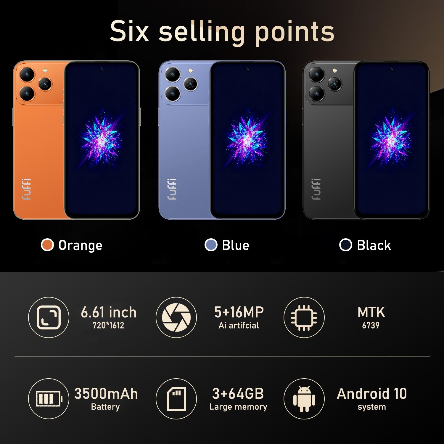 FUFFi-M17 Pro Fashion Smartphone, 6.61-Inch Large Screen, 4G Network, 5MP + 16MP High-Definition Camera, Quad Core Android 10.0, 3GB RAM+64GB ROM, 3500mAh Battery, Dual SIM Dual Standby, Cellphone with Metal Frame