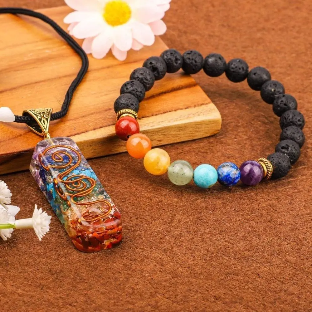Women's Handcrafted Crystal Chip Resin Round Necklace & Natural Stone Bead Bracelet Set, Earthy Calming Yoga Spiritual Healing Bag Charm, Boho Daily Wear Meditation Accessory, Crystal Chips, Adjustable Necklace Chain, Bohemian, Grounding Energy, Versatile