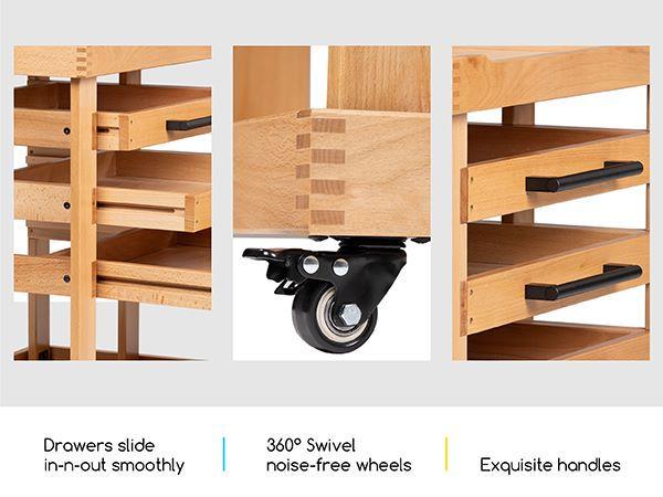 MEEDEN Art Supply Storage Cart, 5 Tier Solid Beech Wood Utility Rolling Cart with 3 Drawers, Craft Orgnizer on 4 Wheels