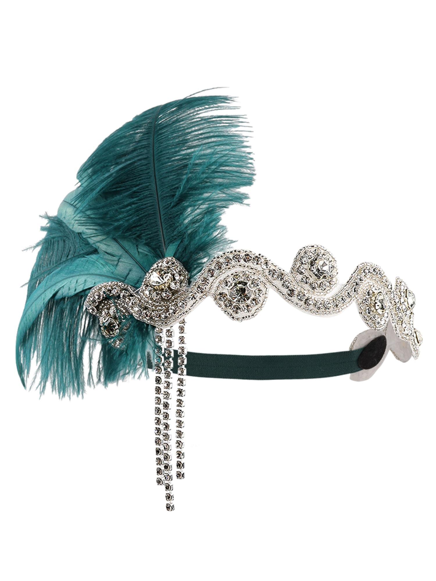 1920s Headpiece Flapper Headband, Rhinestone Pearl Feather Hair Band Great Gatsby Headpiece Accessoreis for Women,Champagne