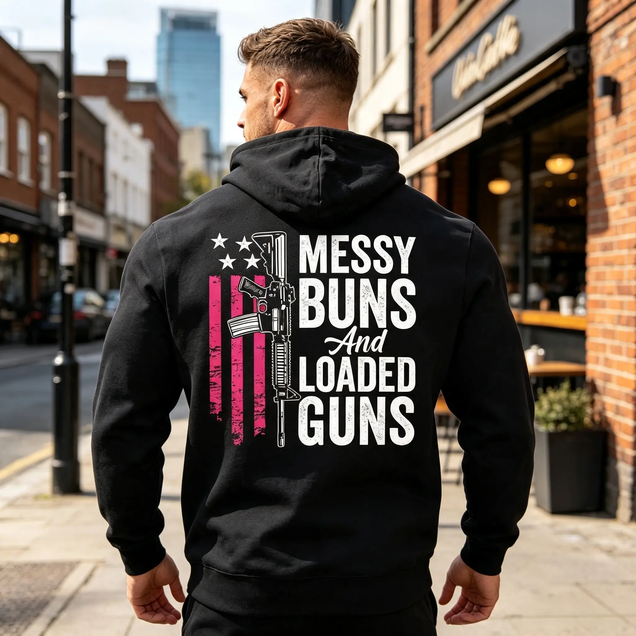 Patriotic American Flag Rifle Graphic Hoodie Vintage Pink Star Print Casual Long Sleeve Hooded Sweatshirt Streetwear Top Funny Gun Owner Slogan Apparel Unisex Outfit
