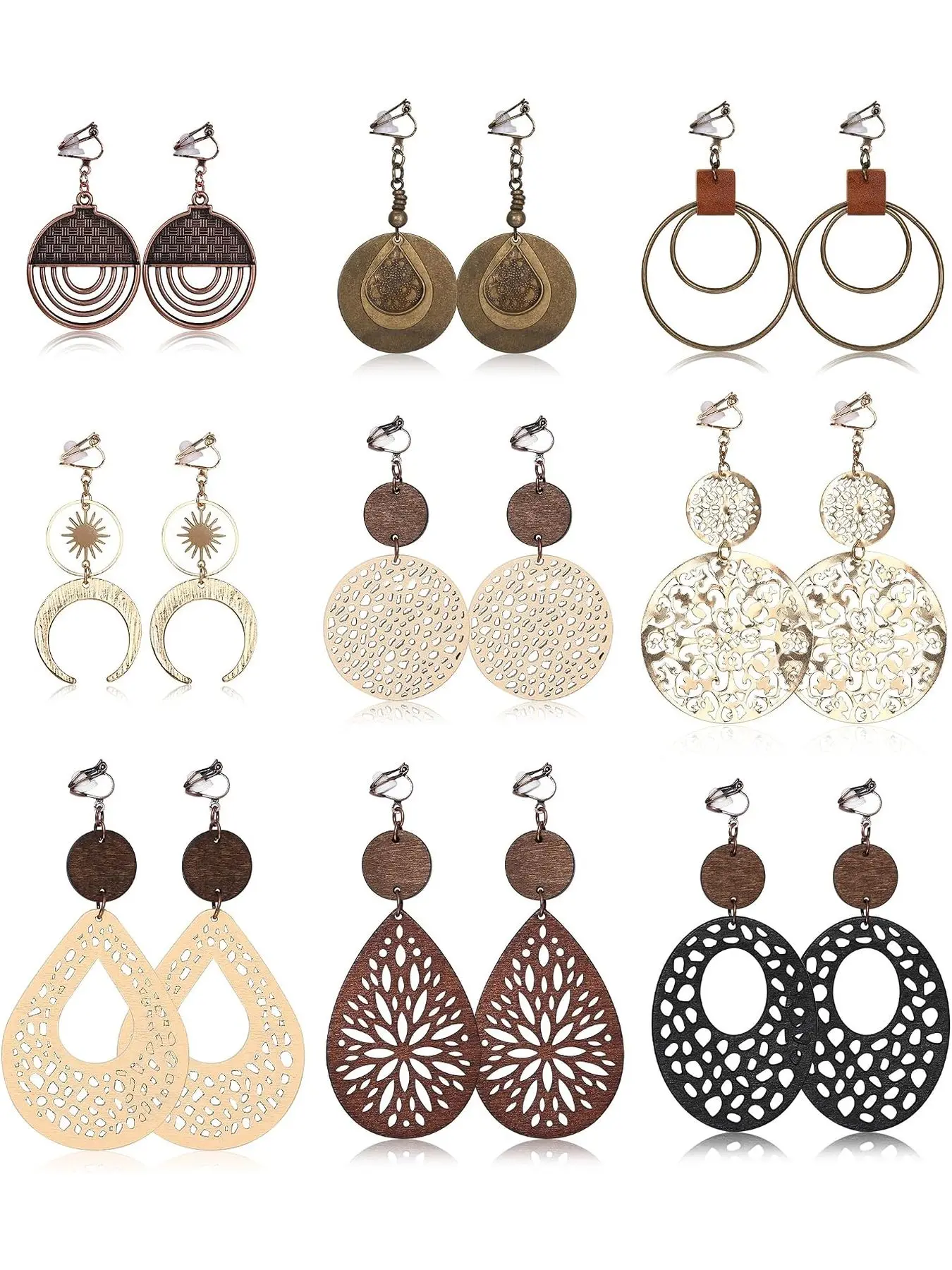 Clip on Dangle Earrings for Women Trendy, Fashion Dangle Earrings, Bohemian Earrings Set 9 Pairs Non-Pierced Earrings, Lightweight Comfortable Earrings, Bohemian Drop Clip on Earrings, Hypoallergenic Earrings Set
