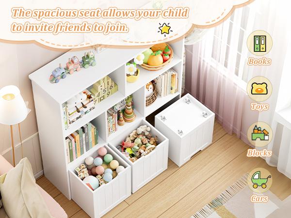 FOTOSOK Toy Storage Organizer with 3 Movable Drawers, Toy Organizer with Hidden Wheels and 5 Open Cubbies, Multifunctional Floor Storage Chest for Playroom