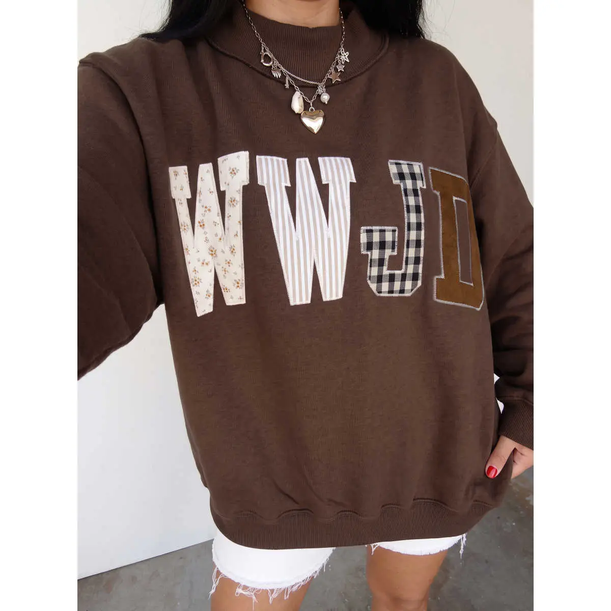 Coffee WWJD Mixed Pattern Embroidered Patch Graphic Mock Neck Sweatshirt