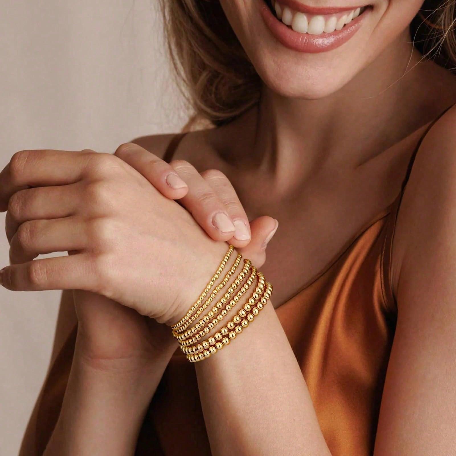 7Pcs Women's 14K Gold Plated Bracelet Set, Pearl Beaded Bohemian Layered Stackable Bracelets, Elastic Comfort Jewelry Gift for Ladies