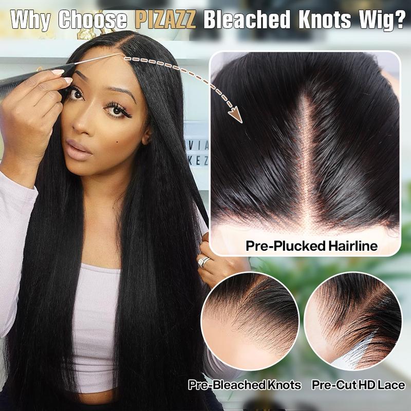 Pizazz Hair Yaki Straight Hair 8x5 Gluess Wigs Pre Cut HD Lace WIgs Preplucked Natural Hairline 220% Density Easy to Install