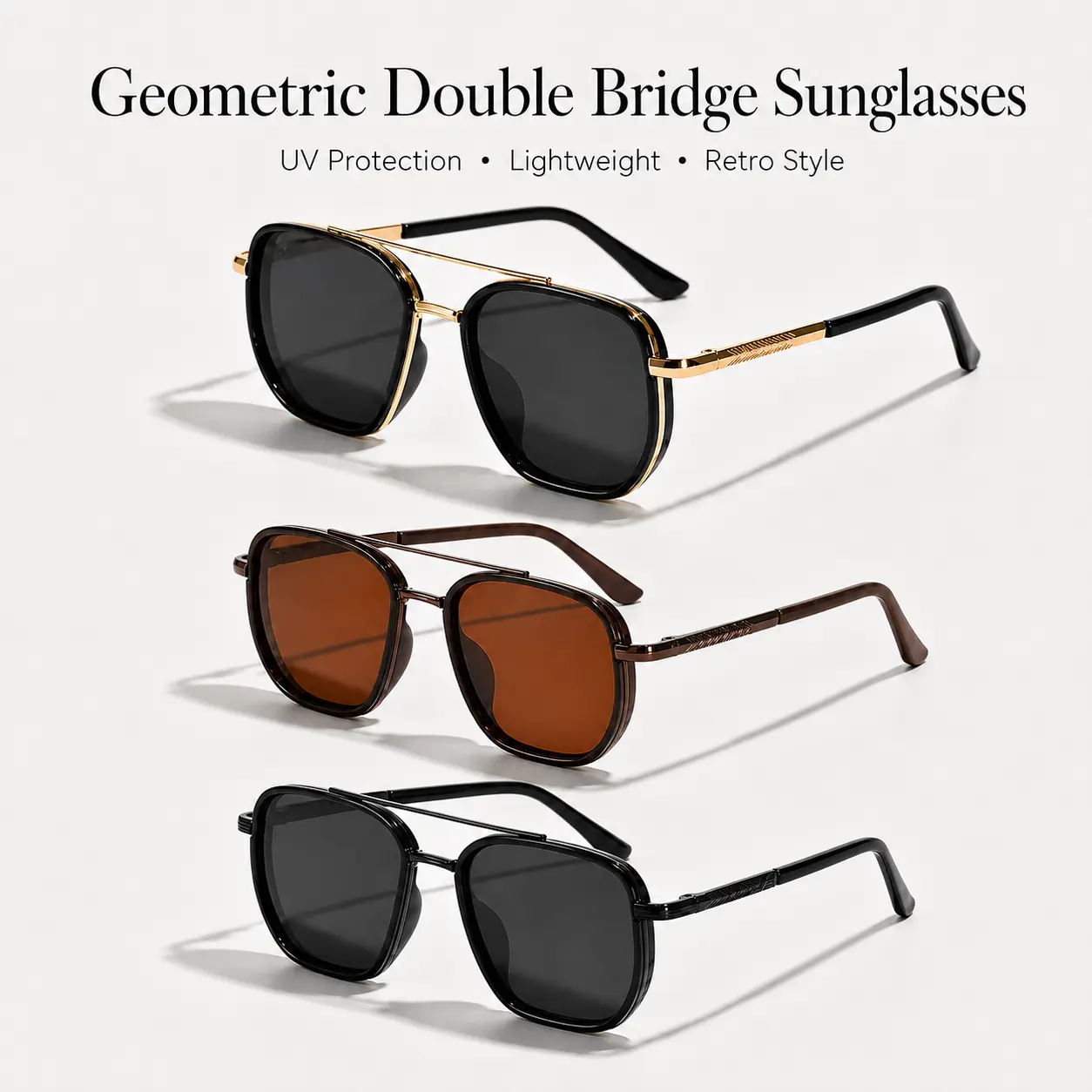 Geometric Sunglasses for Women Men, Double Bridge Retro Aviator Shades, UV Protection Lightweight Fashion Eyewear, Square Sunglasses for Driving, Beach, Vacation, Travel, Festivals, Outdoor Activities & Daily Wear | SummerVibes