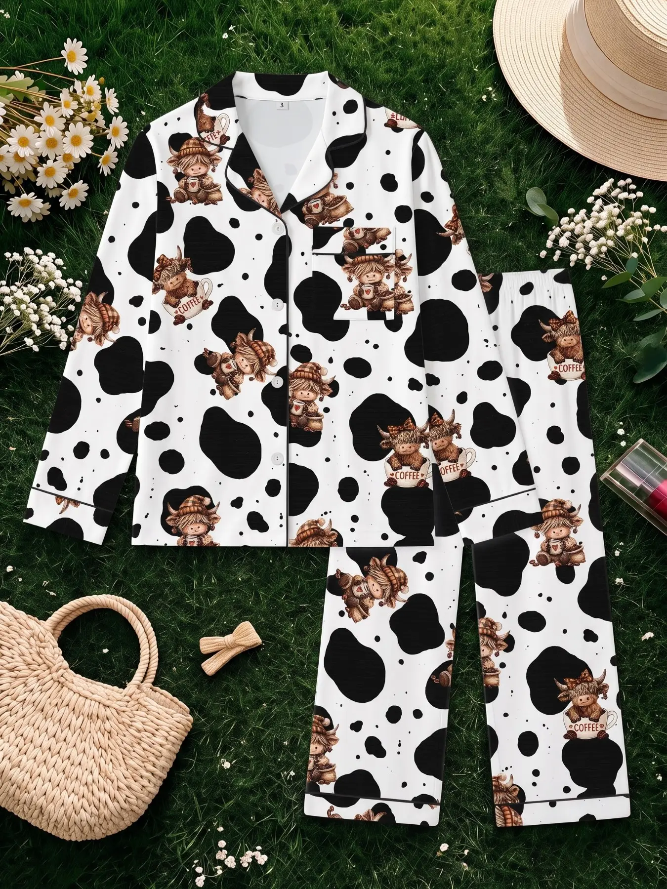Women's Long Sleeve Pajama Set, Soft Comfortable Fabric, Fashion Casual High Cow Spot Print, Loose Fit, Spring Fall Home Wear, Sleepwear Set