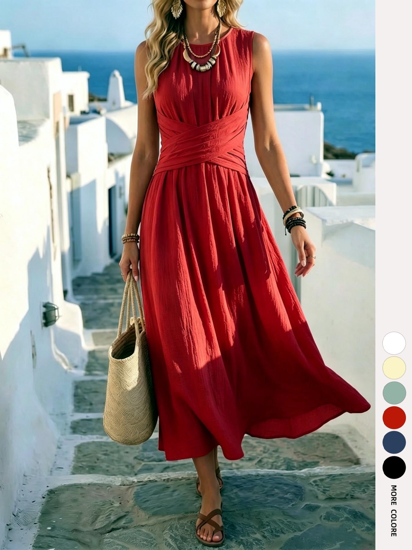 Boho Style Lightweight Sleeveless Midi Dress, Loose Fit Casual Daily Wear, Summer Women's Dress