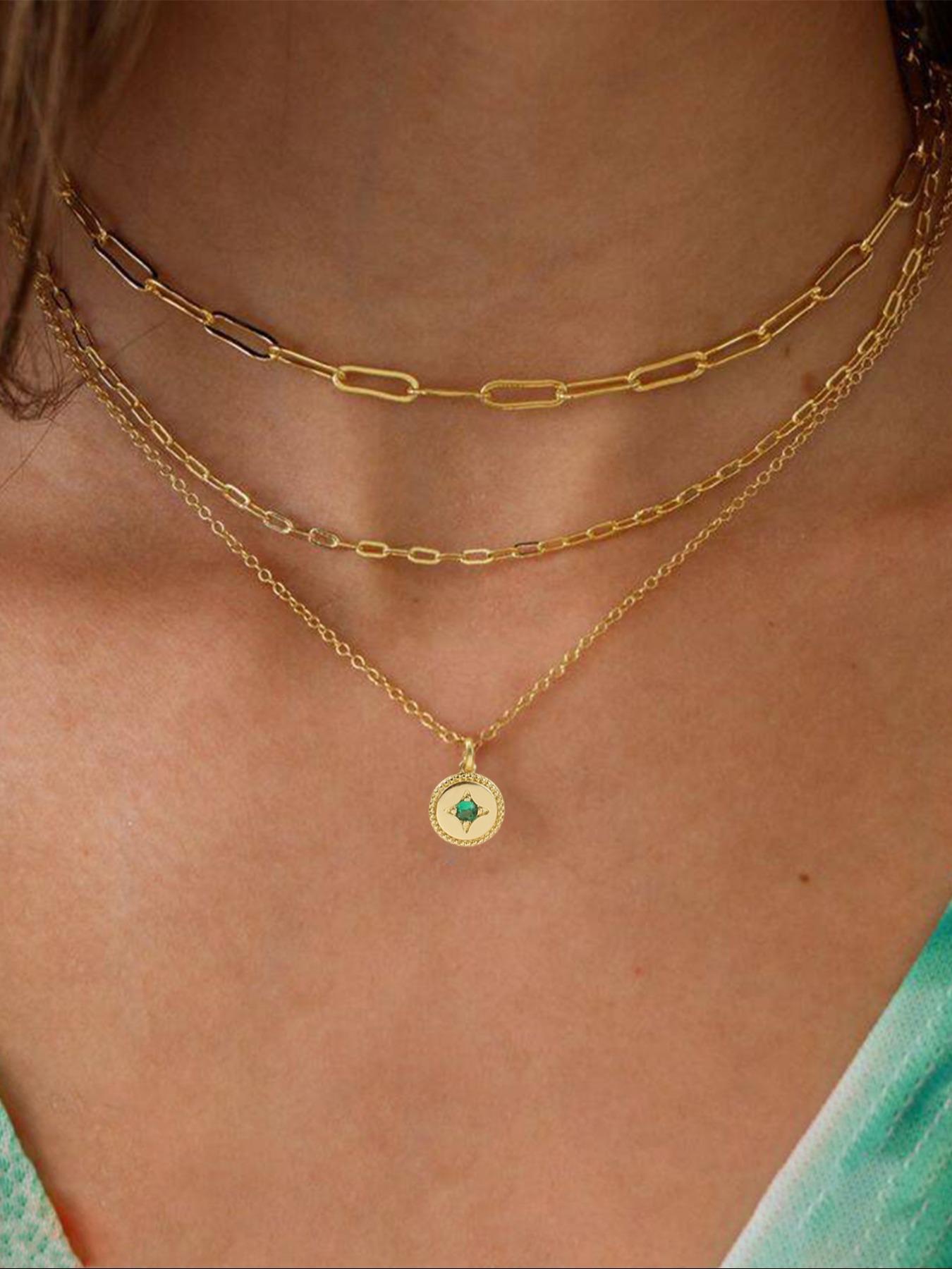 3 Piece Trendy Grid Paperclip Box Chain Set with Sparkling Star Artificial Zircon Rectangle Mini Pendant Necklace Minimalist Chain Necklace