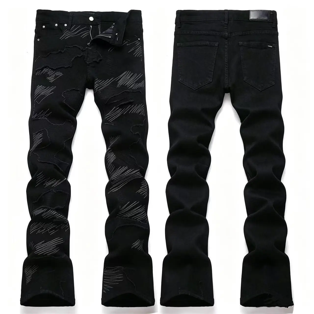 Men's High Cotton Slim Fit Stacked Bootcut Jeans, Vintage Black Wash Textured Contrast Stitch Denim Pants for Hip Hop Streetwear Night Out Daily Wear