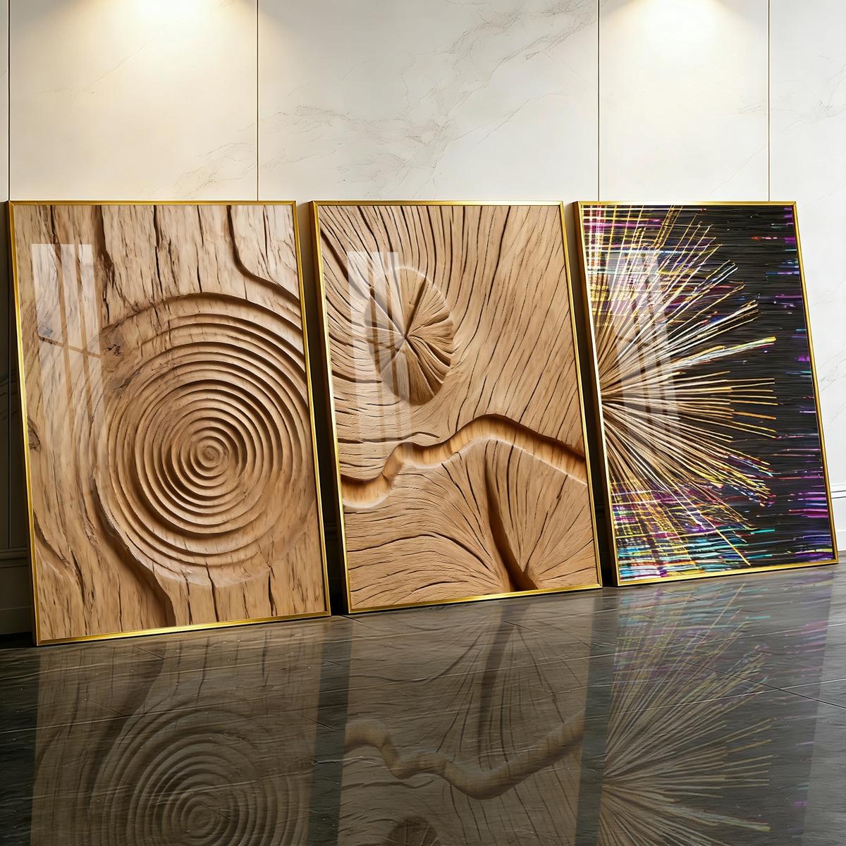 3 Counts Aluminum Alloy Framed Painting, Abstract Wood Texture And Light Burst Art, Home Decoration For Living Room, Bedroom, Office, Restaurant, Hallway Wall Decor, Odorless Print Artwork, Luxury Perfect Gift For Friends And Family