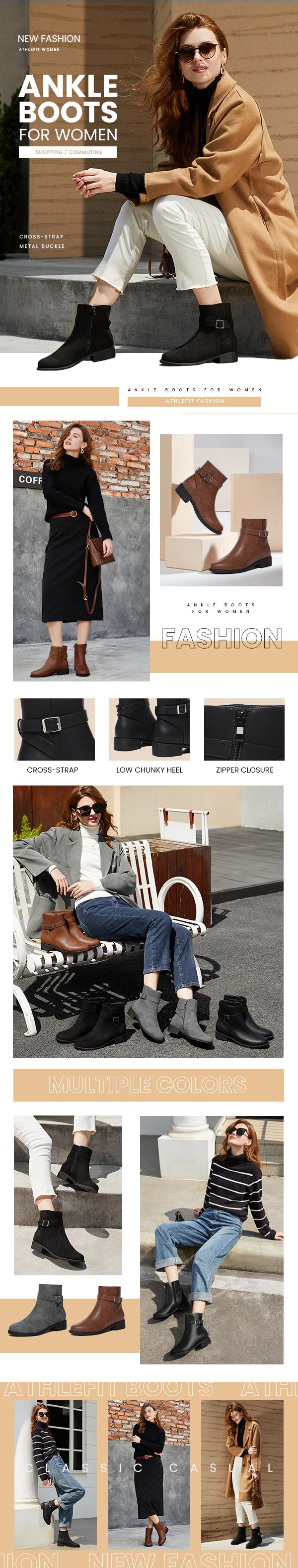 Athlefit Women's Ankle Boots Chunky Low Heel Fashion Round Toe Side Zipper Buckle Booties boots Casual Shoes Comfortable Footwear Knee