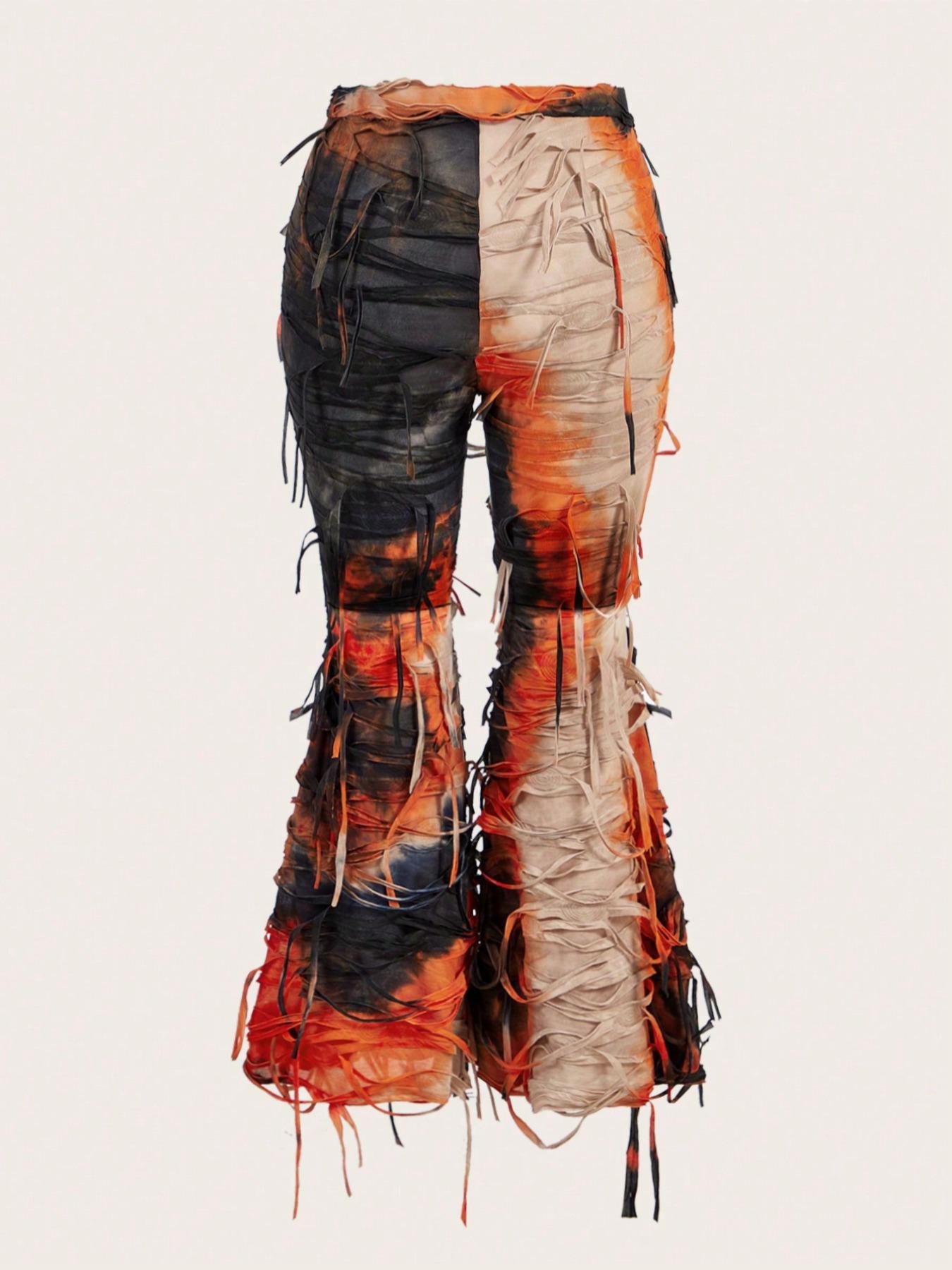 【Plus Size】 Tie Dye Ripped Flare Leg Leggings, Casual Comfy Bell Bottom Pants for Daily Wear, Women's Bottoms for All Seasons