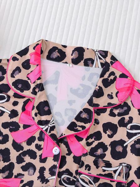 Women's Autumn Winter Pajama Set, Cute Bowknot Print, Holiday Party Sleepwear, Shirt Collar Button Long Sleeve Top & Elastic Pants, Pajamas For Adults