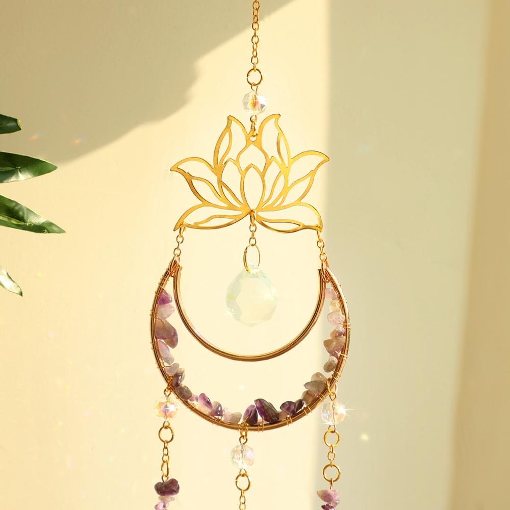 Moon and Lotus Prism Suncatcher Natural Stone Dreamcatcher Hanging Crystal Sun Catcher Rainbow Maker Garden Window Decoration