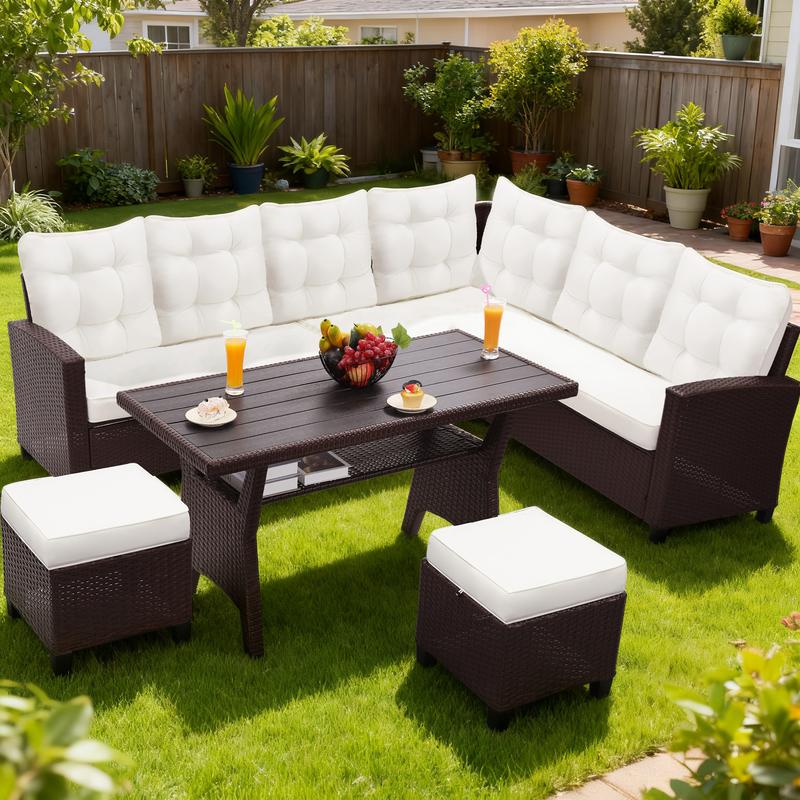 Viral Patio Pick! 6 Piece All Weather Wicker Set , Sectional Sofa Dining Chairs , Table , Cozy Outdoor Lounge for Poolside Hangouts, Friend Gatherings and Sunset Drinks , Durable Black Cushions