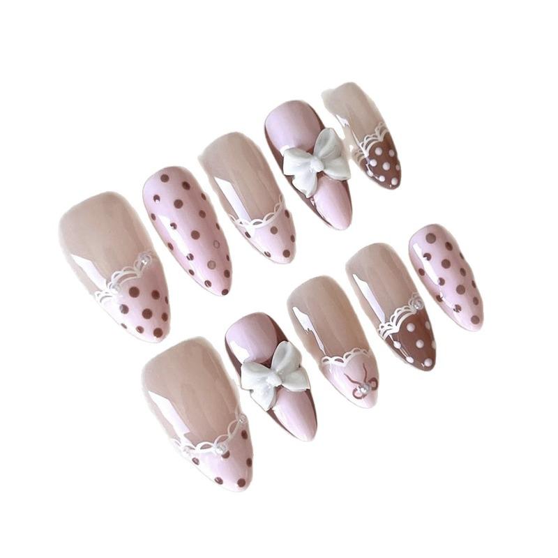 24PCS Sweet Pink French Press on Nails Brown Polka Dots 3D White Bowknot Fake Nails for Women Girl Almond False Nails Detachable
