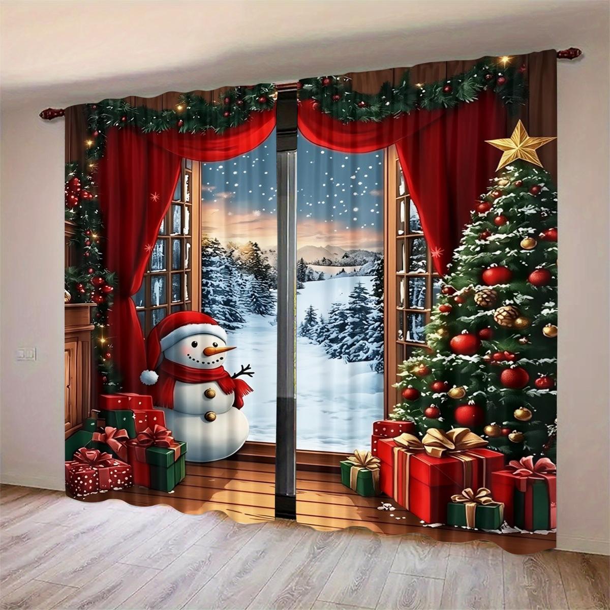 Christmas Theme Curtain Set 2 Pieces, Snowflake Pattern Holiday Home Decor, Suitable for Living Room Balcony Bedroom Windows