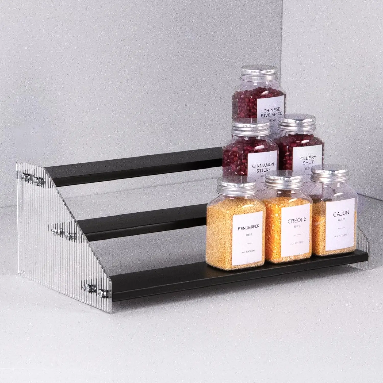 Tiered Spice Rack, 3-Tier Spice Pantry Kitchen Cabinet Organizer, 12-Inch, Natural Wood Acrylic Stair Riser Stand, Countertop Seasoning Shelf (Black)
