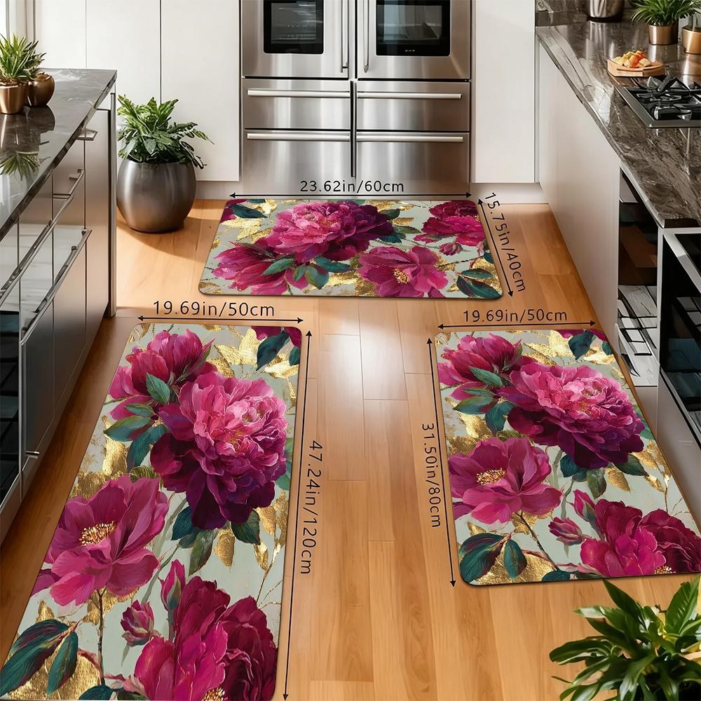 Luxury Gold Foil Peony Kitchen Rug Set, Vintage Floral Non-Slip Washable Floor Mats, Elegant Botanical Runner Rugs for Kitchen, Living Room & Home Decor