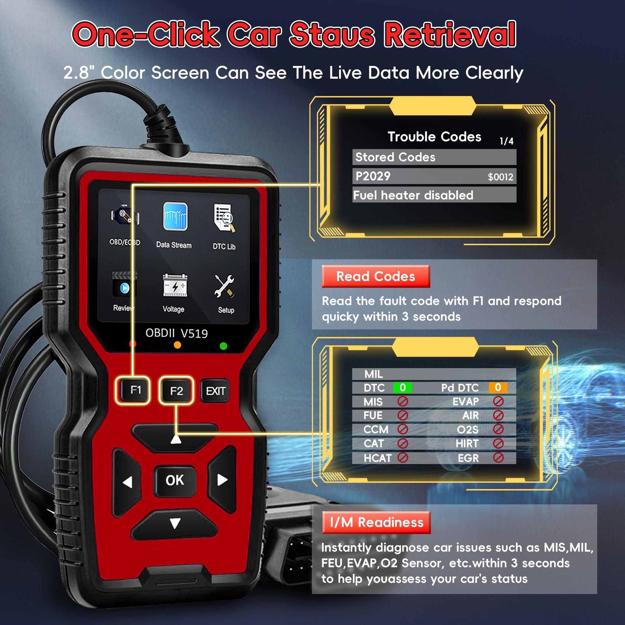 Car Obd2 Scanner Diagnostic Tool, Engine Code Reader, Reset Mode 6 & 8, I/m Ready, Light Duty Car Diagnostic Scan Tool