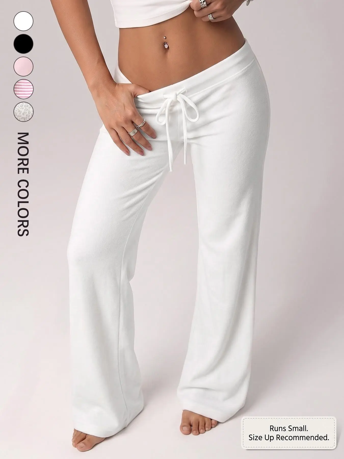 Women's White Low-Waist Drawstring Flared Sweatpants, Y2K Micro Bootcut Lounge Pants, Soft Stretch Casual Trousers Matching Crop Tops for Daily Streetwear