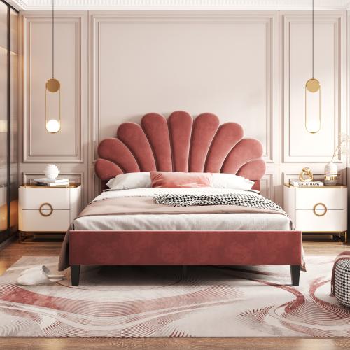 【Bellemave】Full/ Queen Size Upholstered Platform Bed with Flower Pattern Velvet Headboard
