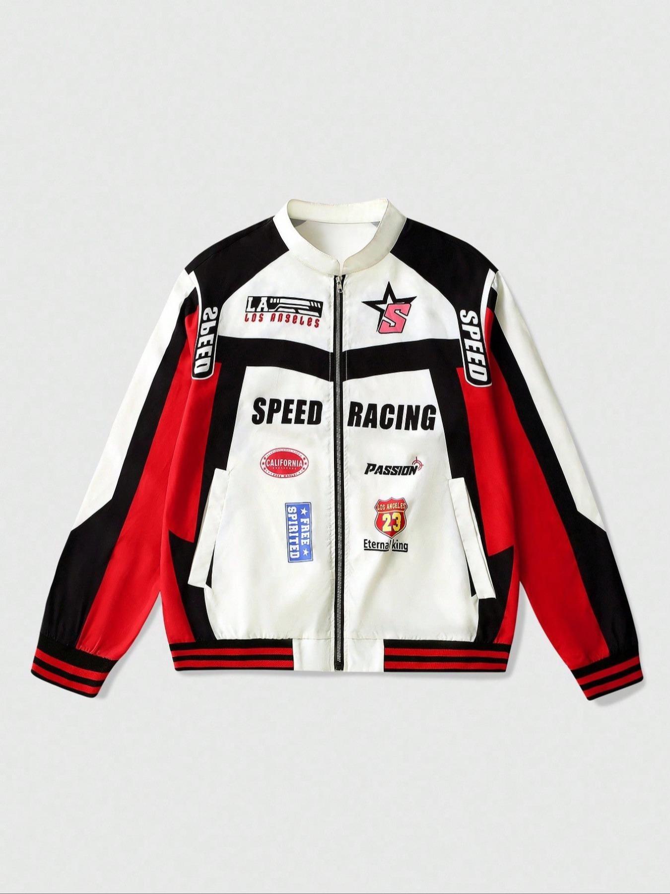 Oversized Hypebeast Racing Graphic Bomber Jacket – "SPEED RACING" & "Eternal King 23" Badge Streetwear Coat, Durable & Versatile Color Block Jacket for Casual Hangouts, School & Retro Aesthetic Outfits