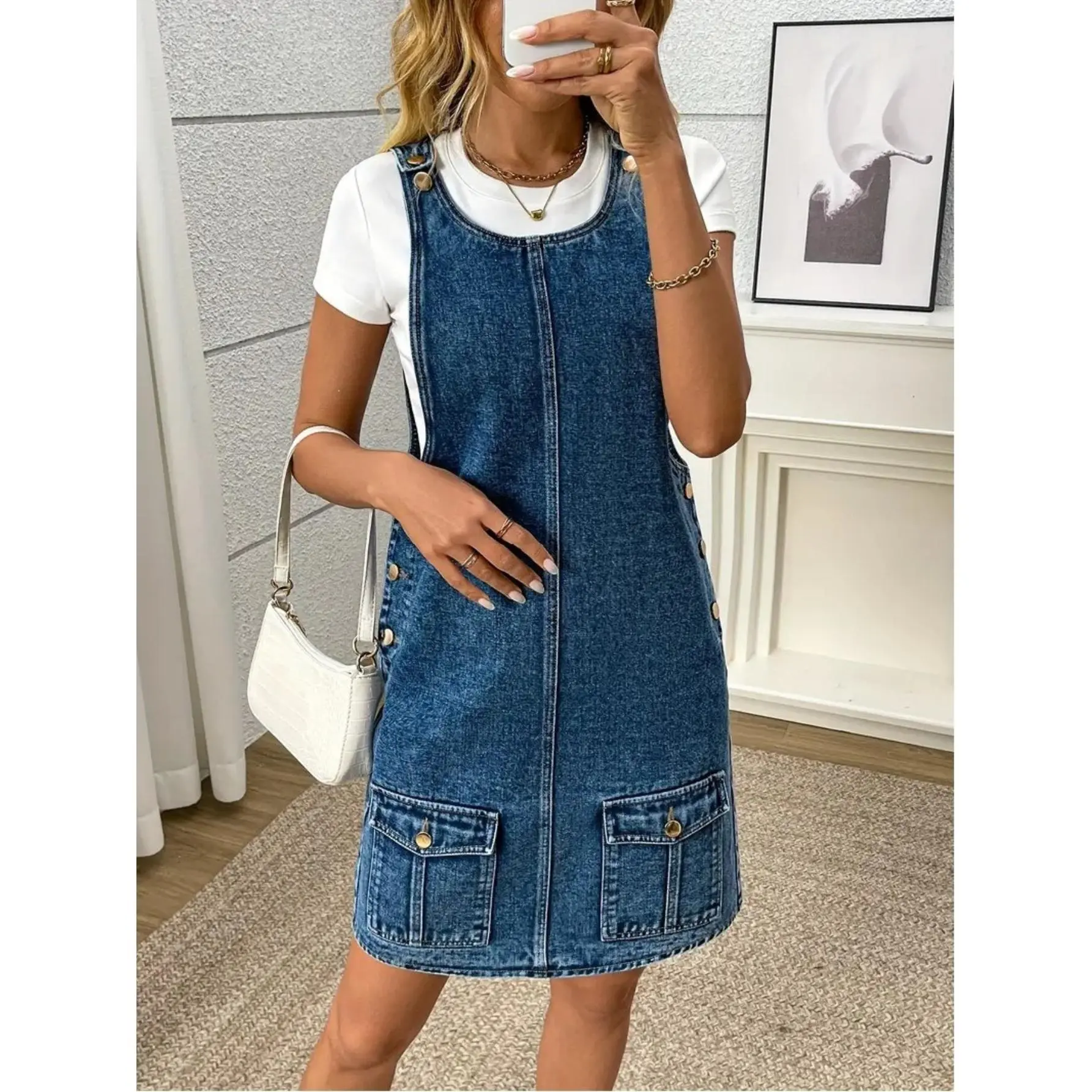Women's Vintage Blue Denim Fabric Overall Mini Dress - Sleeveless, Front Zip, Dual Pockets, Cargo Pockets, Raw Hem, Machine Wash Casual Pinafore Dress, Overall Dress