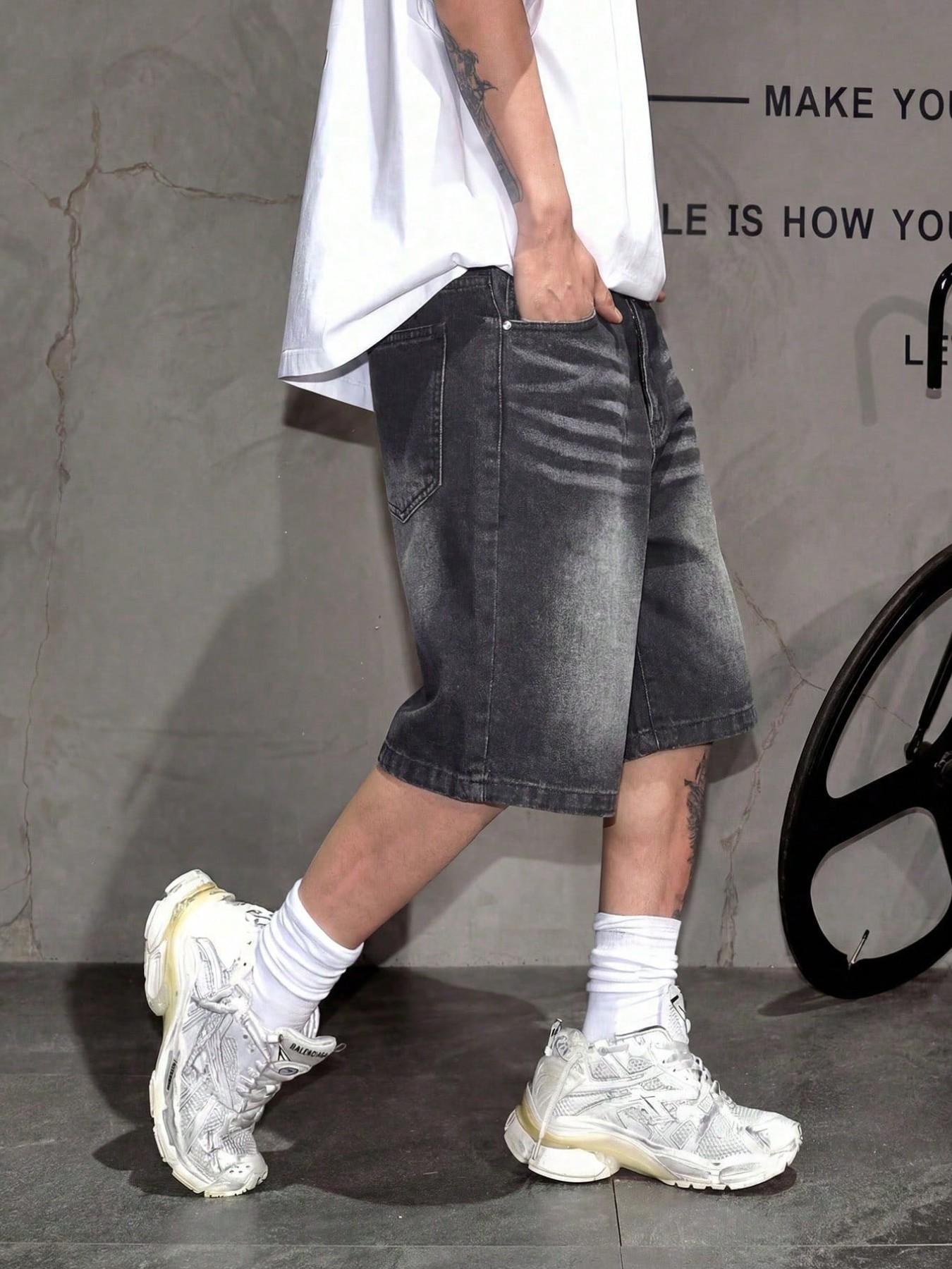 Men's Fashion Street Style Loose Fit Denim Shorts, Casual Mid Waist Zipper Fly, Plain Pattern, Daily Wear, Comfortable and Stylish