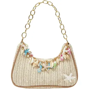 MakeMeChic Women's Straw Beach Purse Seashell Beaded Shoulder Handbags Summer Vacation Bags